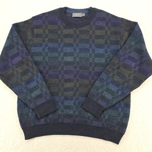 Vintage Talbots Mens Wool Sweater Size M Blue Purple Green Geometric Crew Neck